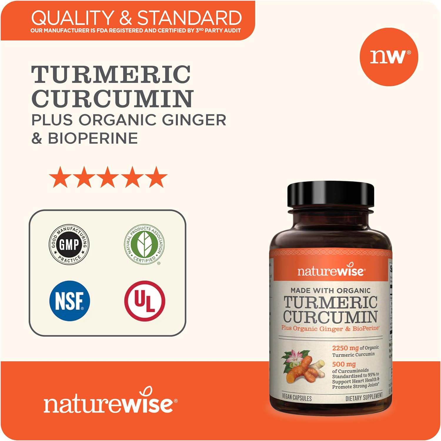 NatureWise Curcumin Turmeric 2250mg | 95% Curcuminoids & BioPerine Black Pepper Extract -90 counts. 
