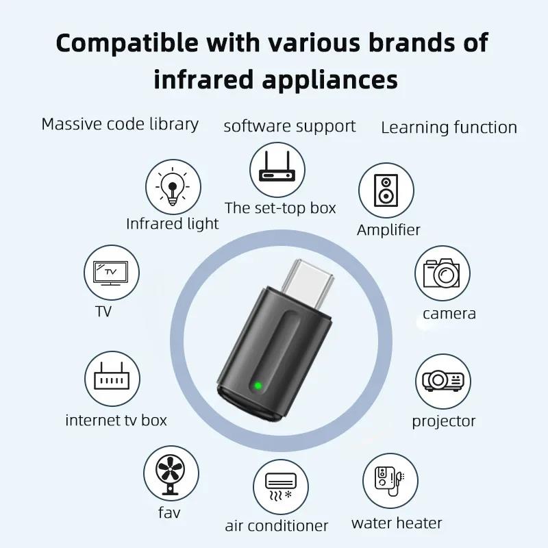 Smart Infrared Remote Control Type C IR Blasters Phone APP Control for IPhone 15 Smartphone IR Mini Adapter for TV Android IOS. 