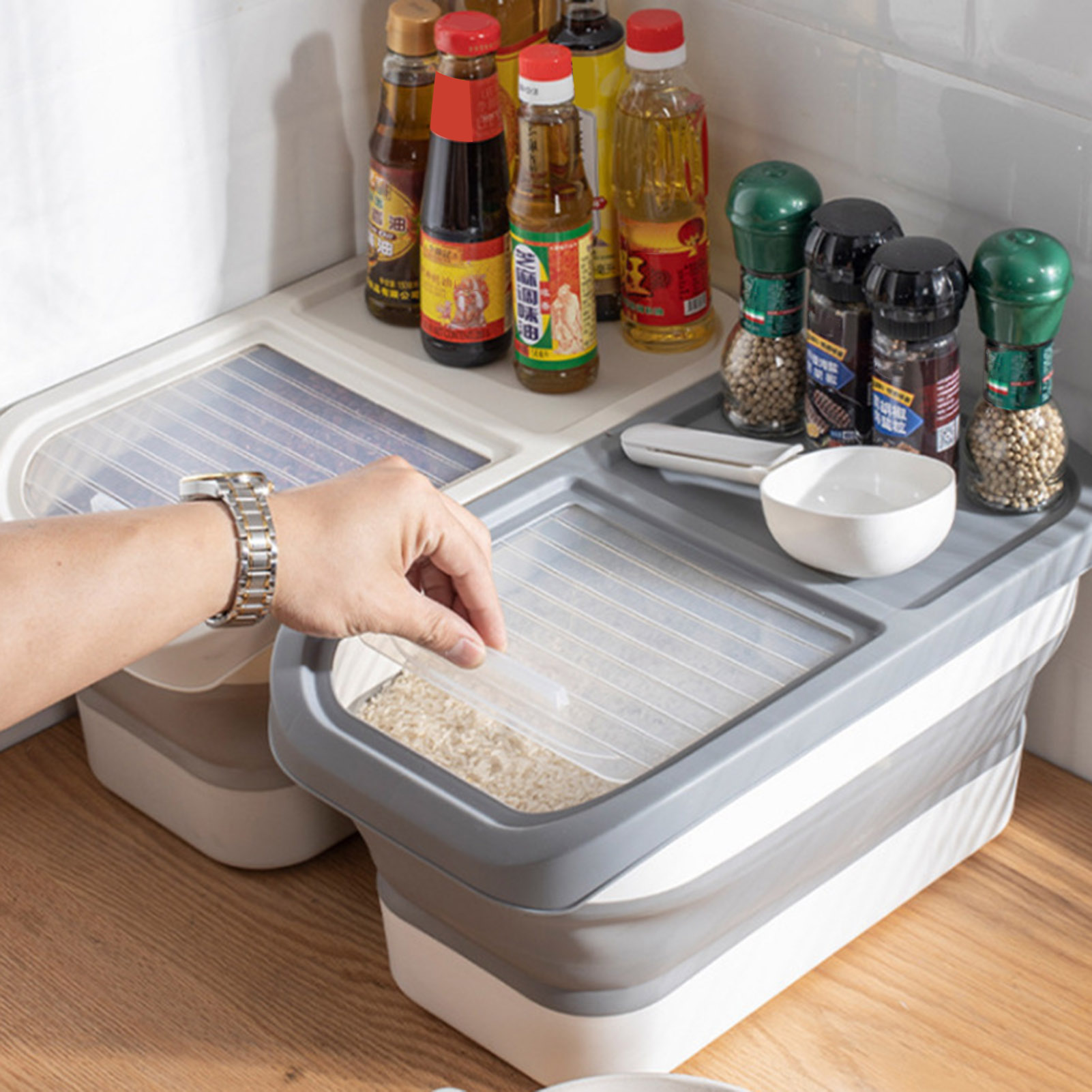 Rice Bin Large Capity Rice Storage Box with Measu g Cup Dustproof Moisture-proof Container for Ce Beads er Foldable Design with Transparent Sliding Lid Rice Storage Container. 