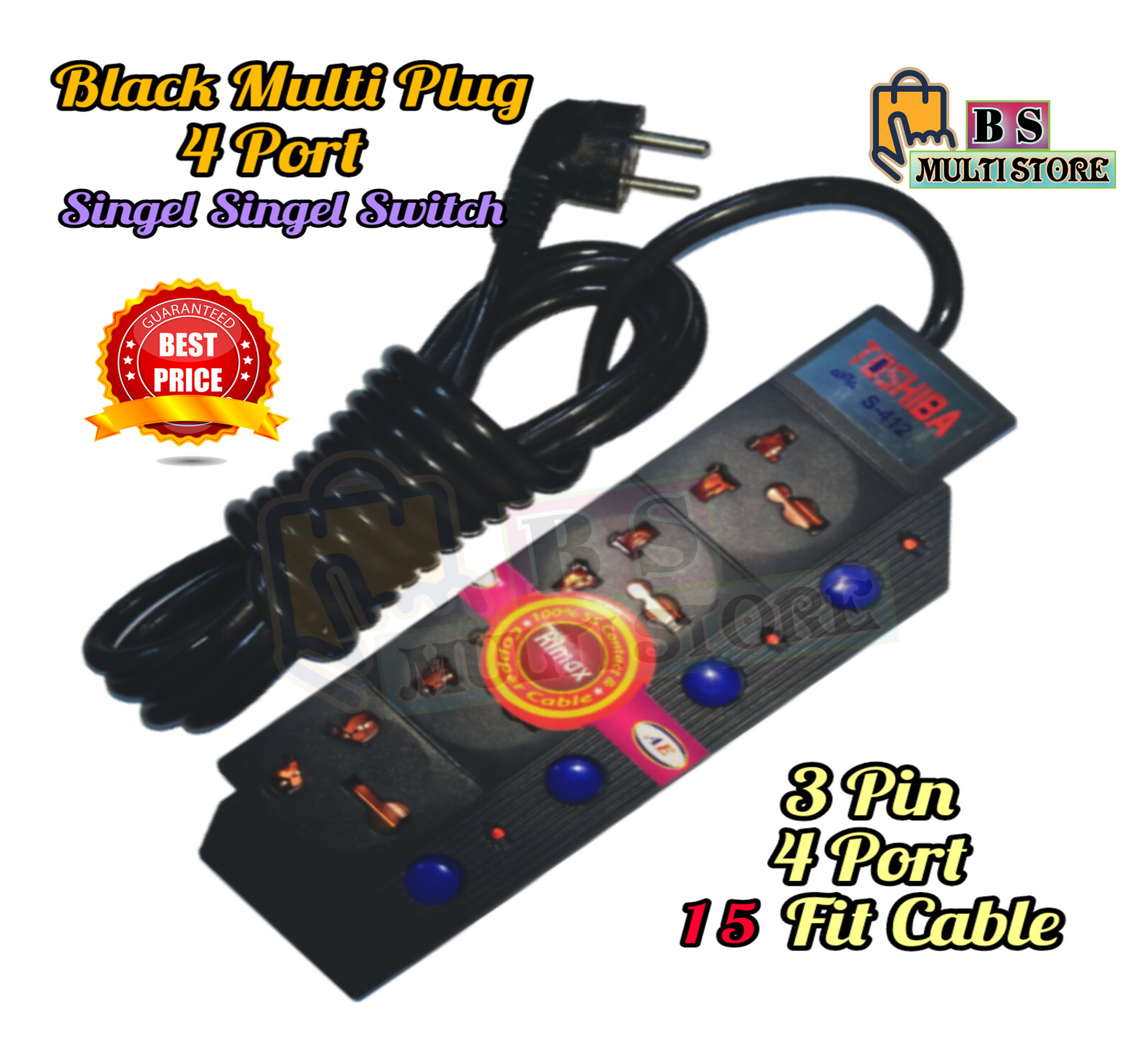Multi Plug Extension 4 Socket With 5\2 Meter Cable 3 Pin Socket 15 Fit & 7 Fit Black Multi Plug - Multi Plug. 