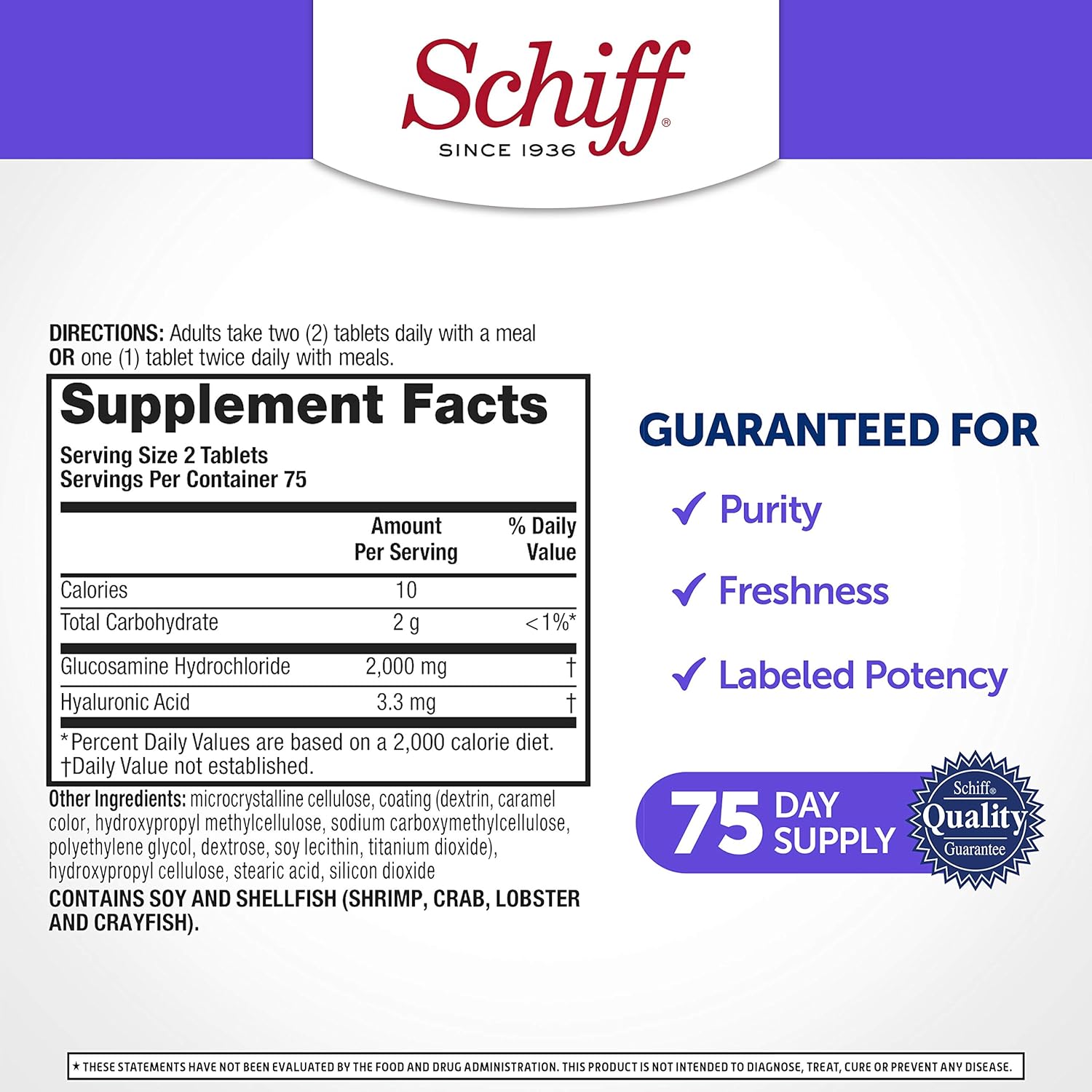 Schiff Glucosamine 2000mg (per serving) + Hyaluronic Acid Tablets (150 count in a bottle) Joint Care Supplement That Helps Support Joint Mobility & Flexibility Supports The Structure Of Cartilage. 
