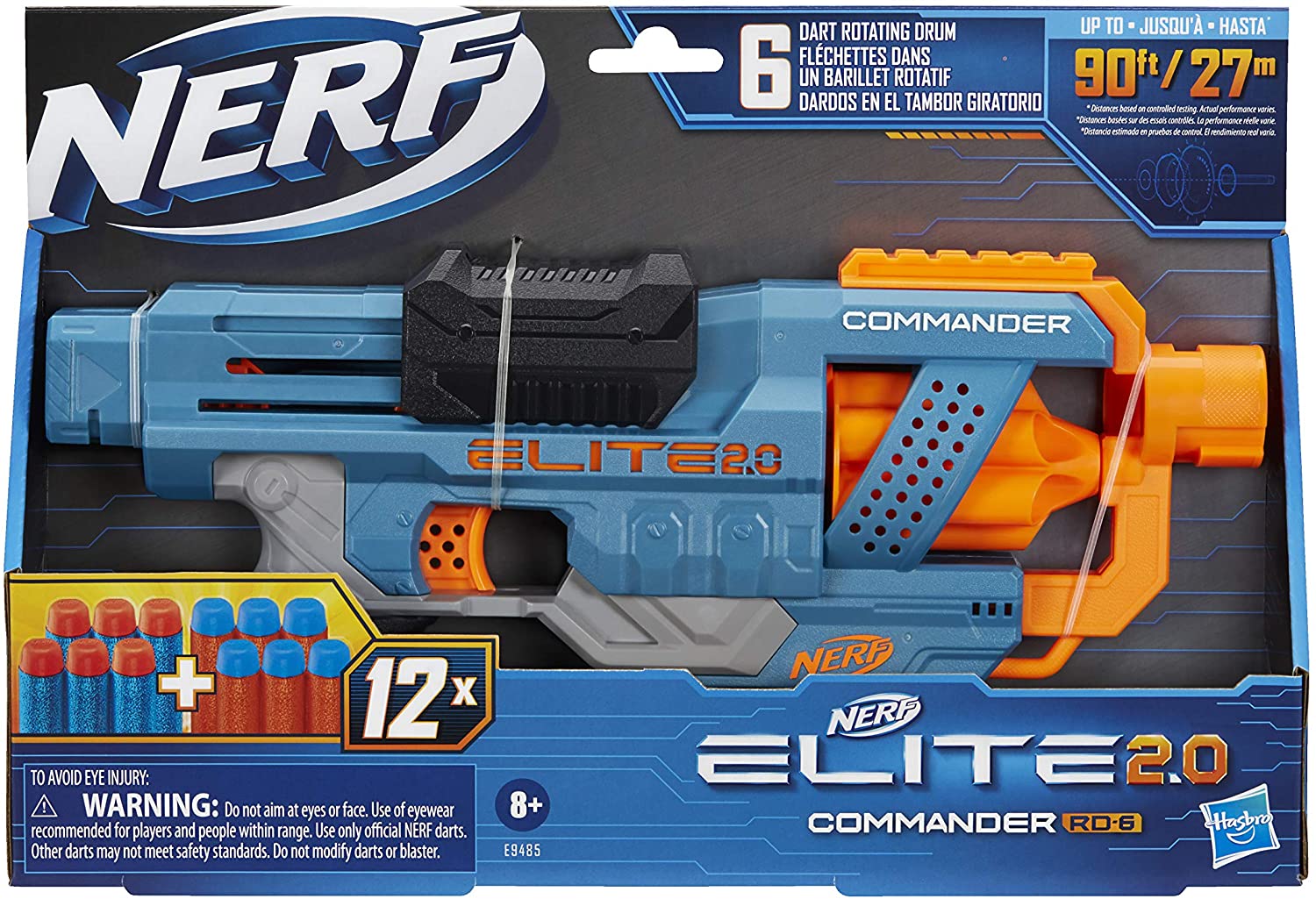 NERF Elite 2.0 Commander RD-6 Blaster, 12 Official Darts, 6-Dart Rotating Drum, Tactical Rails, Barrel, and Attachment Points. 