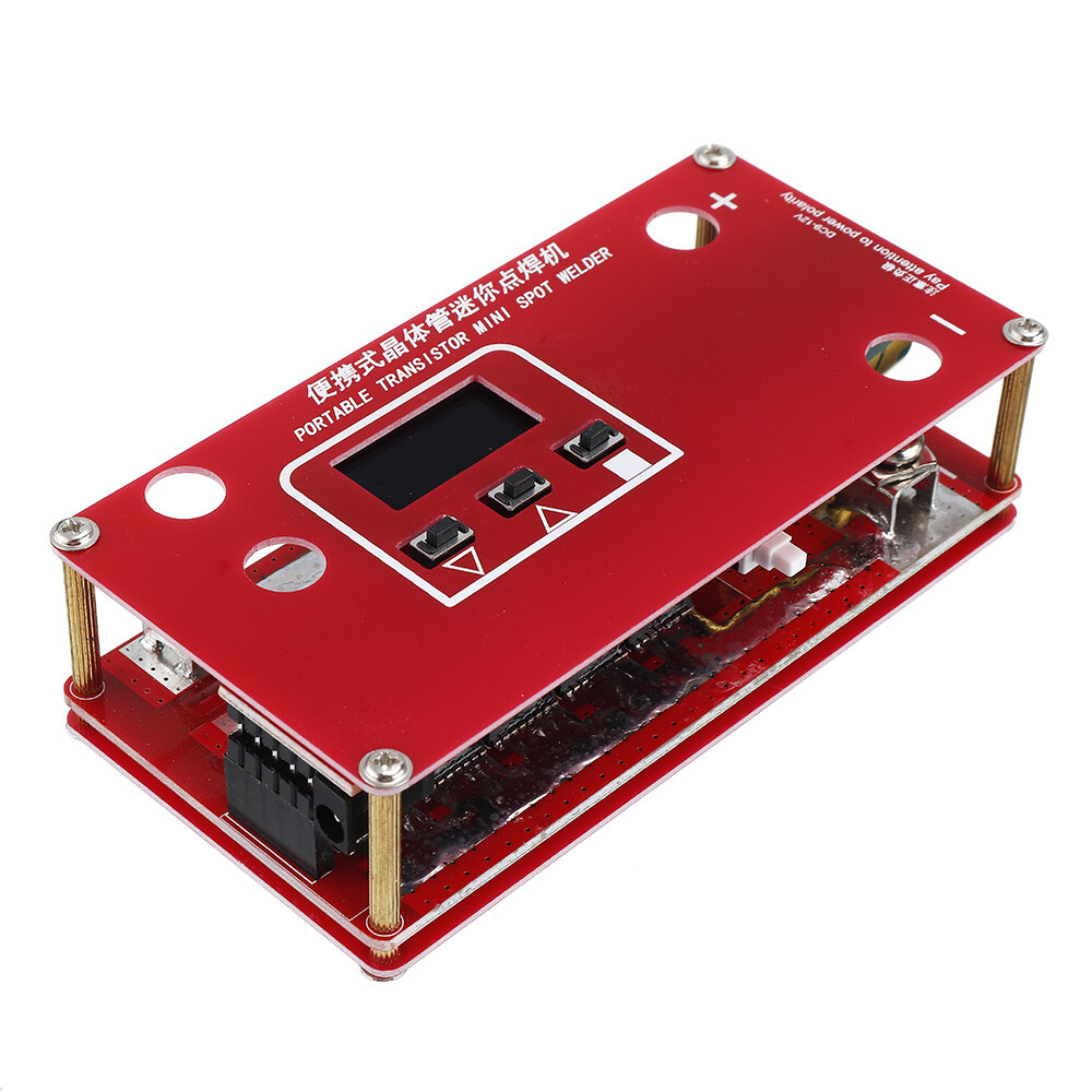 Portable DIY micro spot welding machine with LCD display for automatic welding of 12V automotive batteries. 