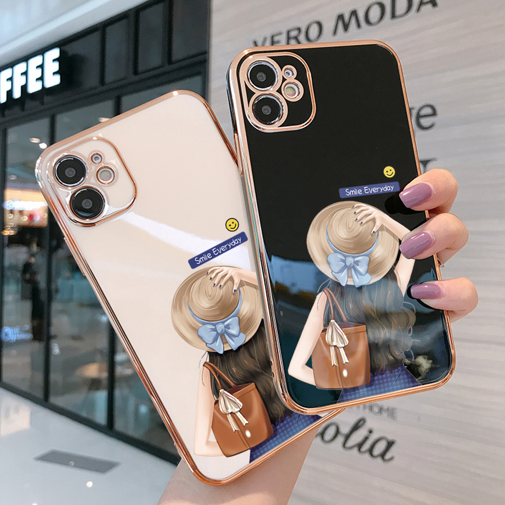 TA for Xiaomi 11 Lite / 11 Lite 5G / 11 Lite 5G NE Back Cover + Free Lanyard Back Girl Luxury 6D Plating Case Side Pattern Soft Silicone Square Phone Cases. 