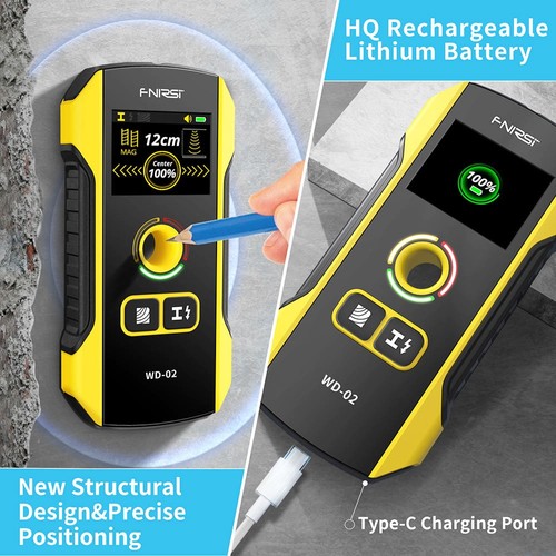 FNIRSI WD-02 Wall Detector, Metal / Wooden / AC Wire Detection Mode, 3-Level Sensitivity Adjustment, Positioning Hole, TFT Display, 300mAh Rechargeable Battery. 