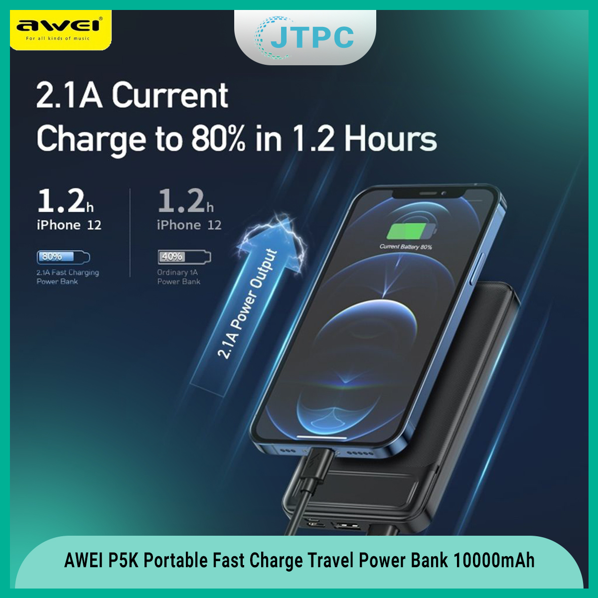 AWEI P5K Portable Power Bank 10000mAh Power bank Dual USB A Type c Micro Dual input Fast Charge Travel Powerbank For Mobile Phone. 