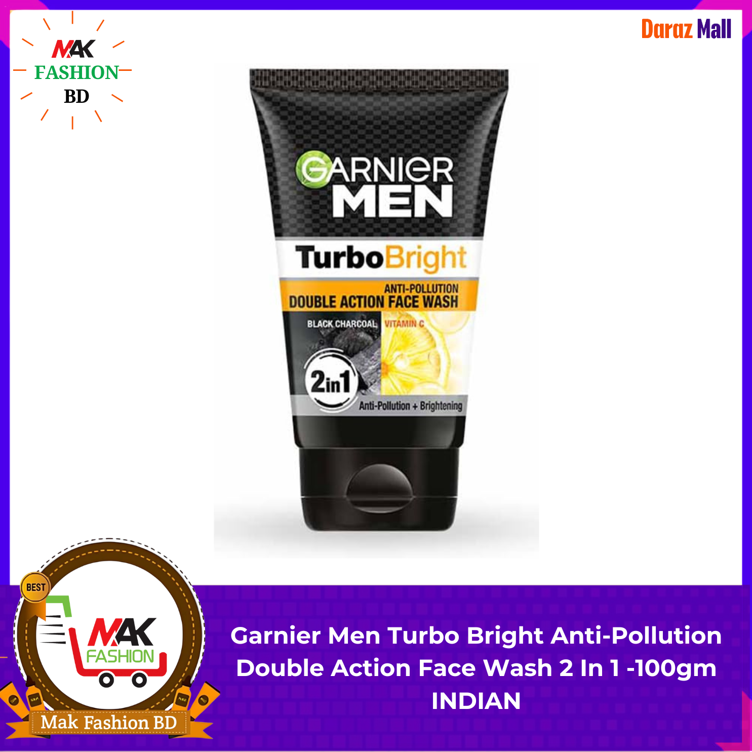 Garnier Men Turbo Bright Anti Pollution 2 In 1 Double Action Face Wash 100gm INDIAN
