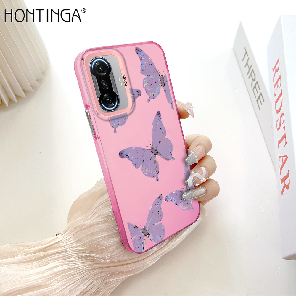 Hontinga for Redmi K40 Gaming Xiaomi Poco F3 GT Back Cover Colorful Sliver Double Sided Soft Edge Hard Back Purple Butterfly Phone Case for Girl