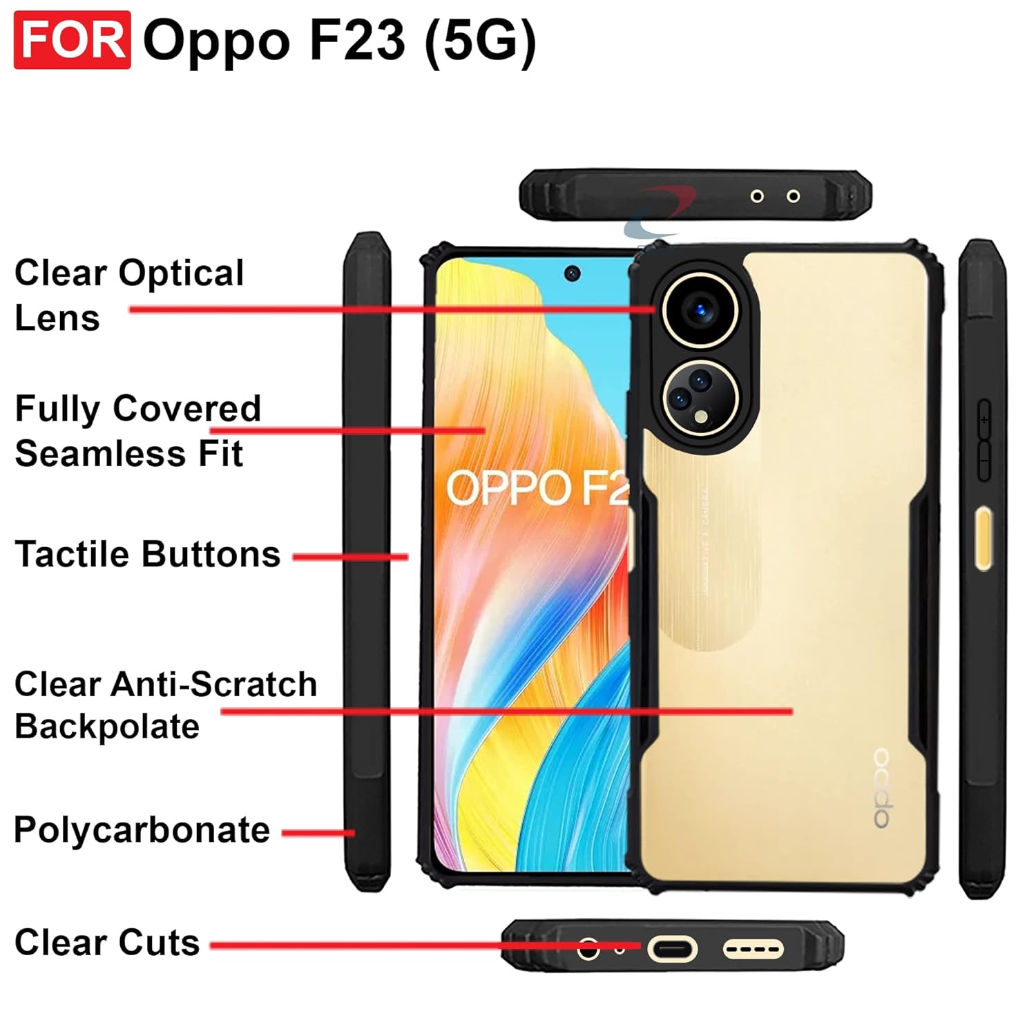 Oppo F23 5G / Oppo A1 5G / OPPO A98 5G Edge-Reinforced Shockproof Cushion Back Clear Hybrid Transparent Hard Cover Casing-E_Store. 