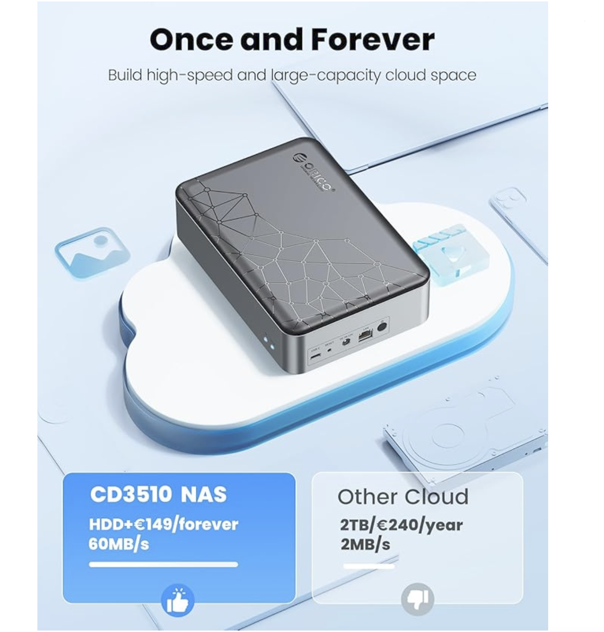 ORICO CD2510/CD3510 NAS Server For 2.5''/3.5" SATA HDD Family Cloud App Connection & VPN Access Smart Backup Wireless Remote Access to Phone/PC Magnetic Lid Connection Without Hard Disk. 