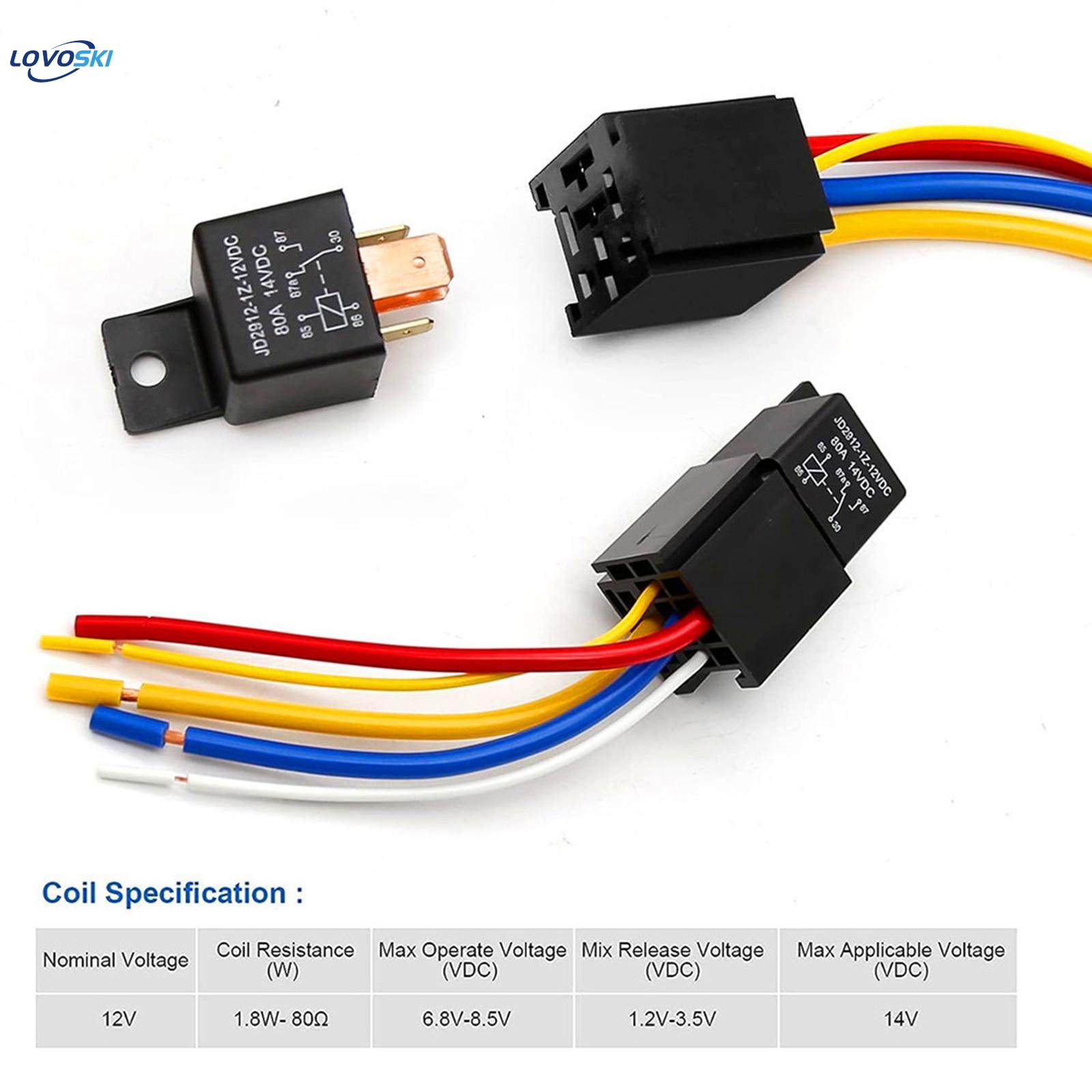 Car Relay with Harness Jd2912-1Z-12VDC 80Amp 12V Heavy Duty High Power 5 Pin 5 Wire Spdt Socket Plug