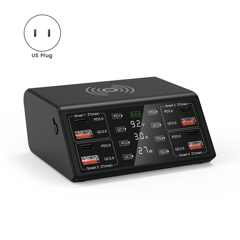 Multi-Port Cell Phone Charger Power Compatible Led Intelligent Digital Display Screen 4-Way Charger Black ,with US Plug. 