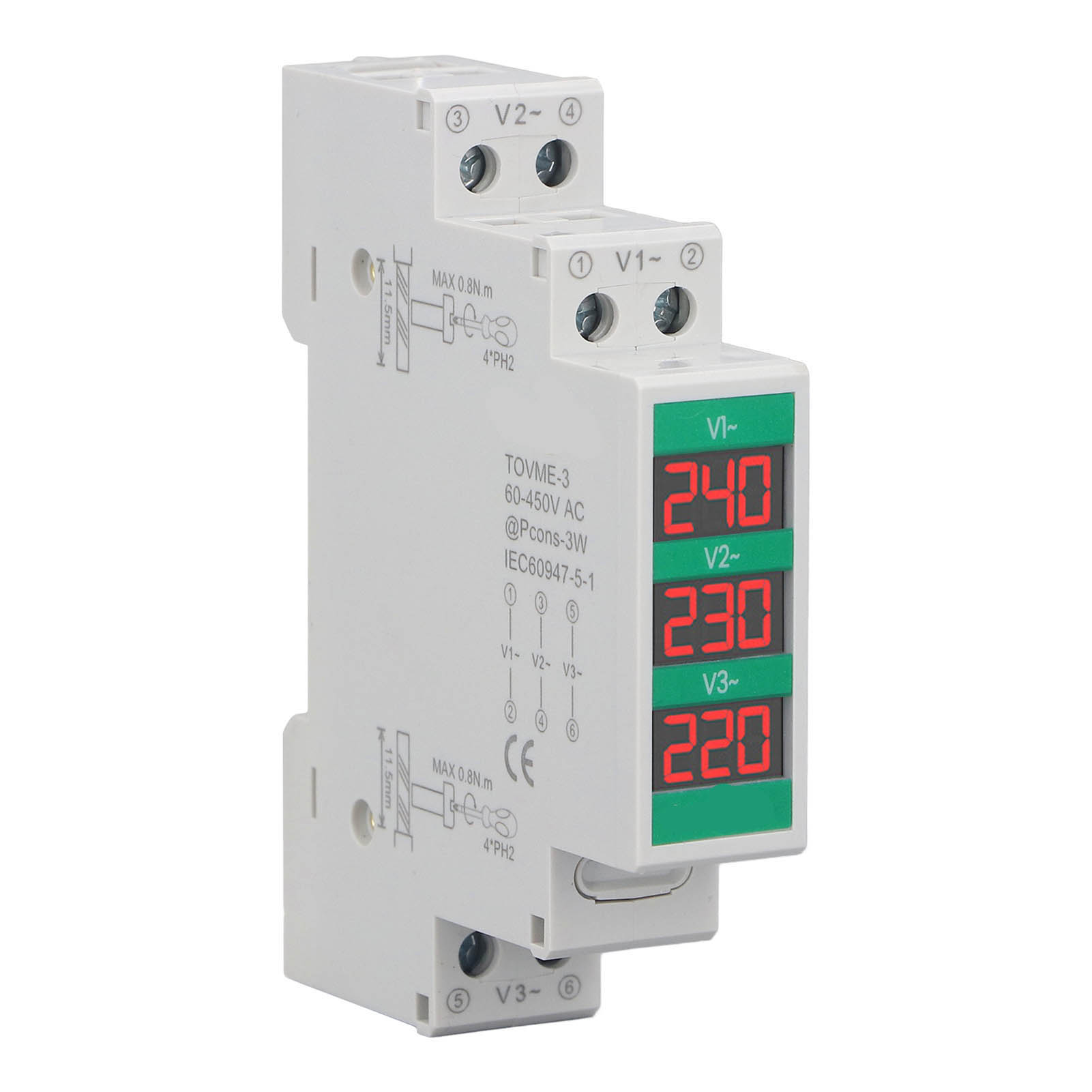 3 Phase AC Voltmeter Din Rail Mount LCD Digital Display Voltage Meter Electric Power Meter 60-450V 1pcs. 