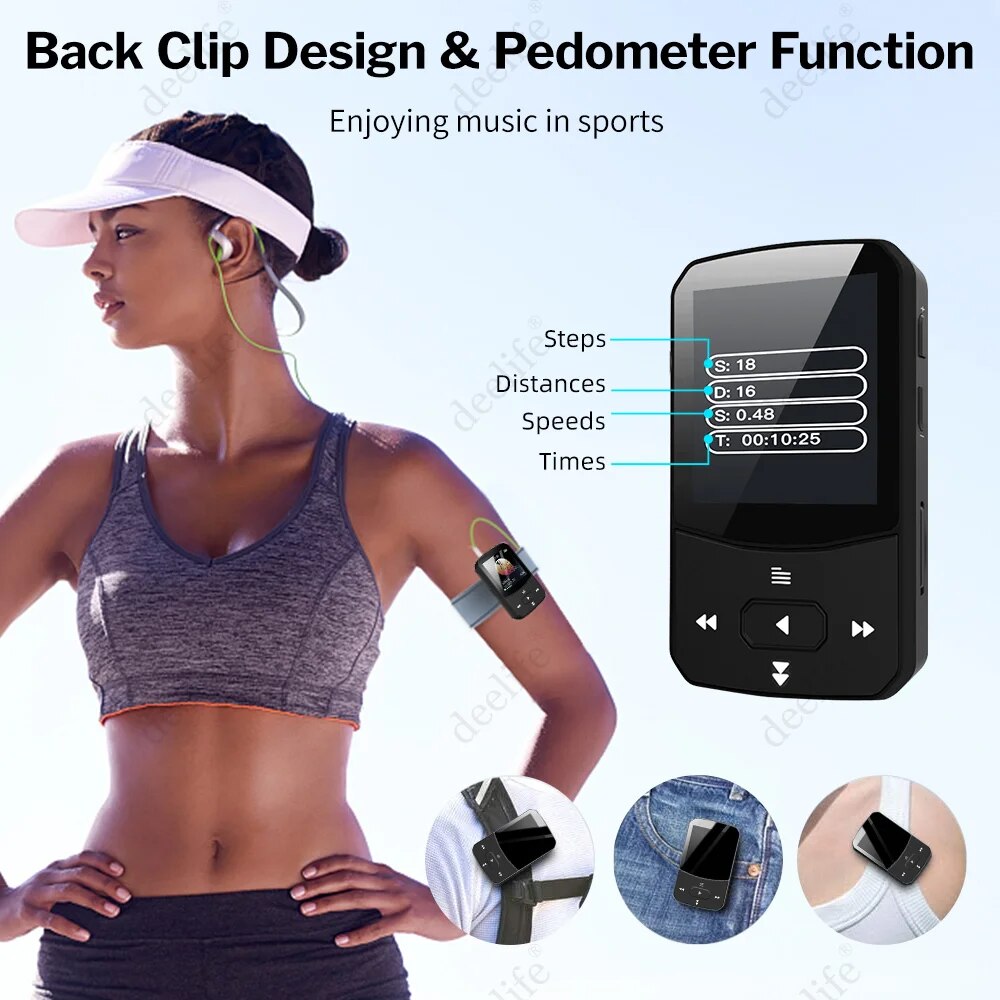Deelife Sport Bluetooth MP3 Player for Running with Music Play Armband Portable Clip Pedometer FM Radio TF Recording Mini Mp 3. 