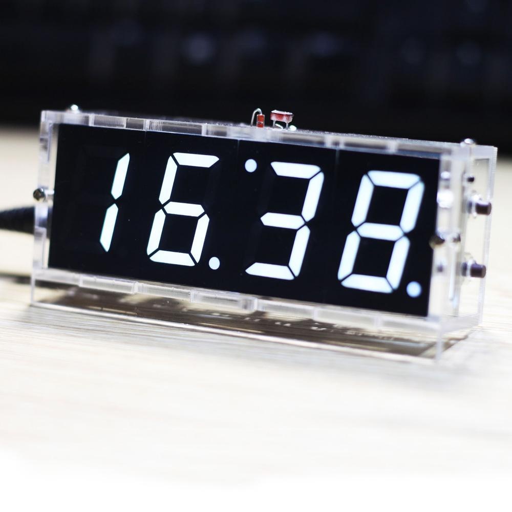 Compact 4-digit DIY Digital LED Clock Kit Light Control Temperature Date Time Display with Transparent Case. 