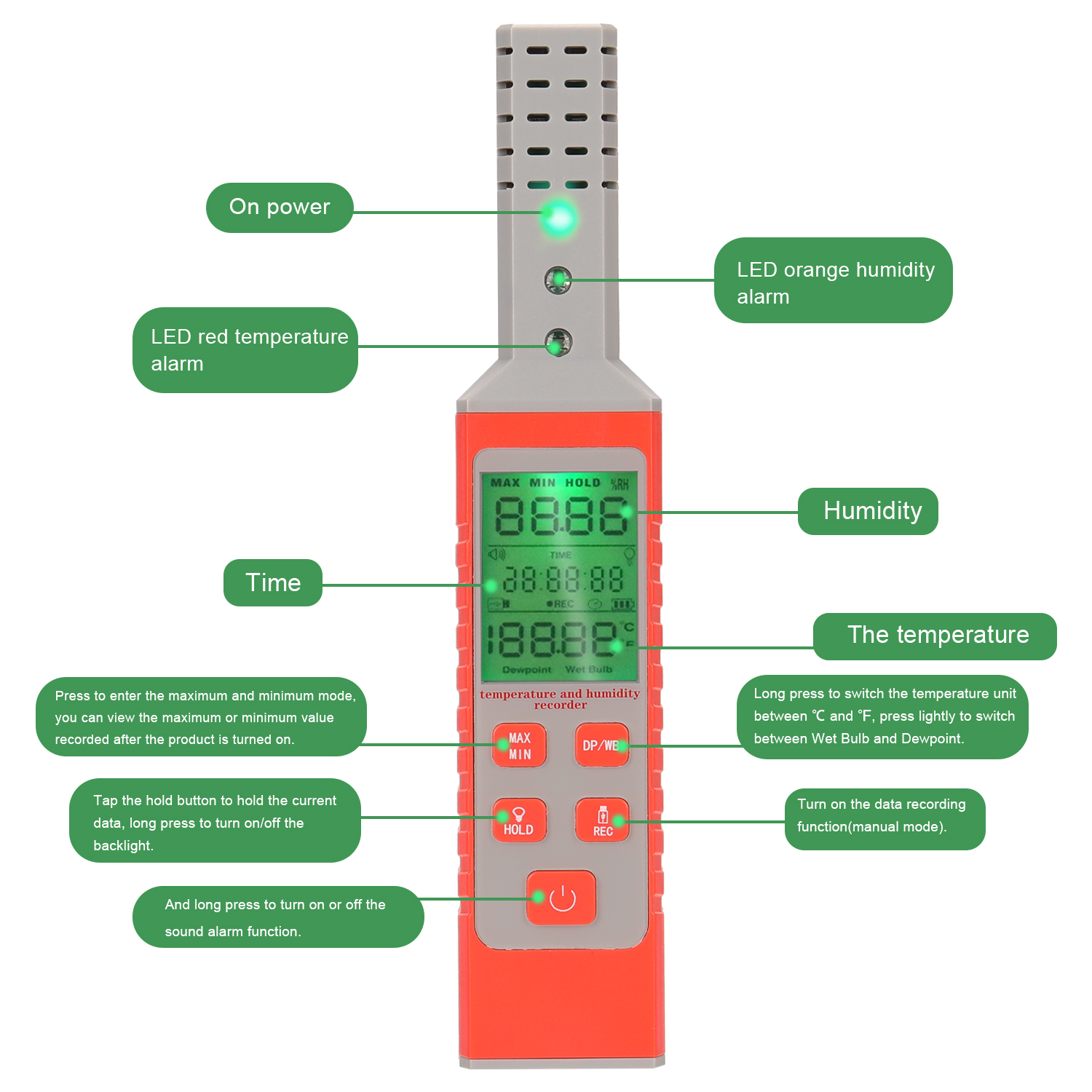 TC-100A Handheld USB Temperature and Humidity Recorder °C/°F Switchable Manual Measuring Device. 