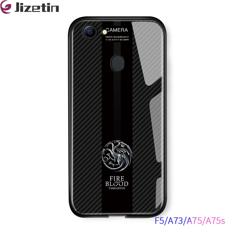 Jizetin for OPPO F5 / F5 Plus / F5 Youth / A73 A75 A75s Glass Back Cover Dargon Logo For Boys Glossy Tempered Glass Shockproof Soft Edge Phone Cases