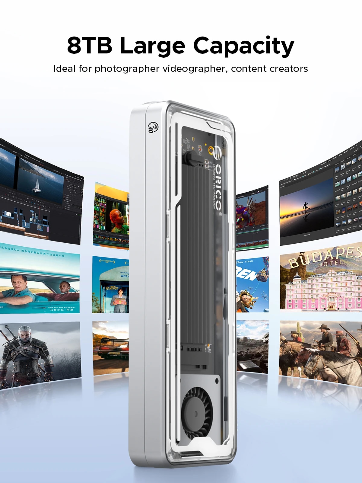 ORICO 40Gbps USB4 M.2 SSD Enclosure 8TB with with Cooling Fan PCIe4.0 NVME Enclosure Aluminum Compatible Thunderbolt 3/4 for mac. 