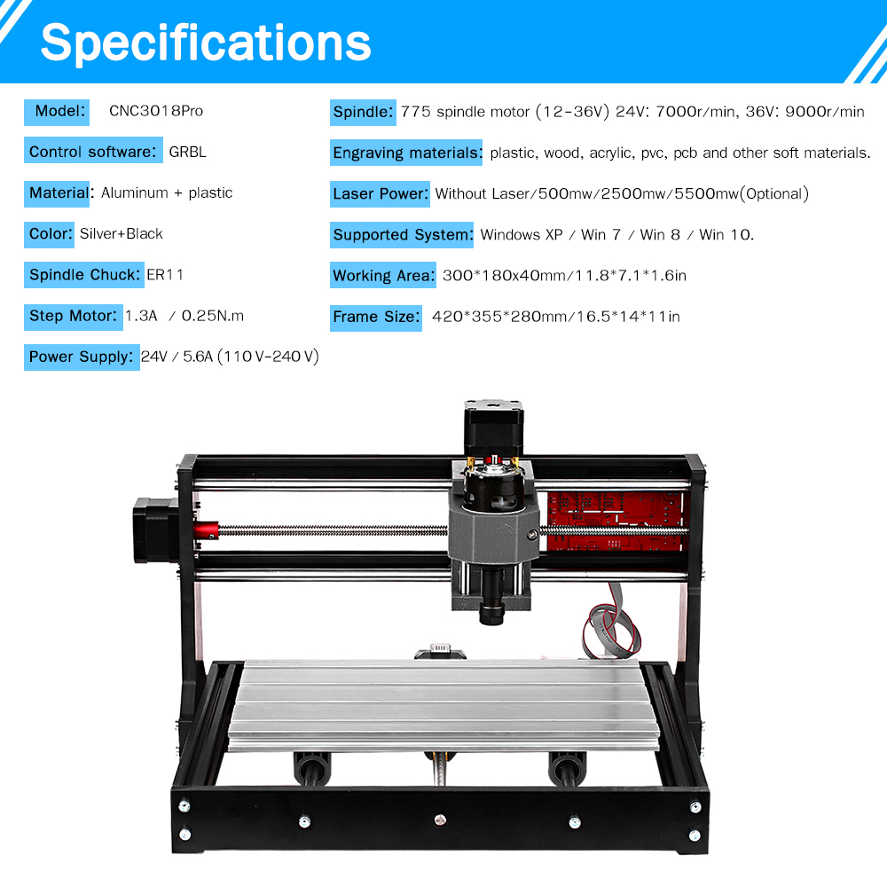 KOGEEK 5500mw Upgrade Version CNC 3018 Pro GRBL Control DIY Mini CNC Machine 3 Axis Pcb Milling Machine Wood Rou-ter Engraver with Offline Controller with ER11 and 5mm Extension Rod Working Area 300*180x40mm. 