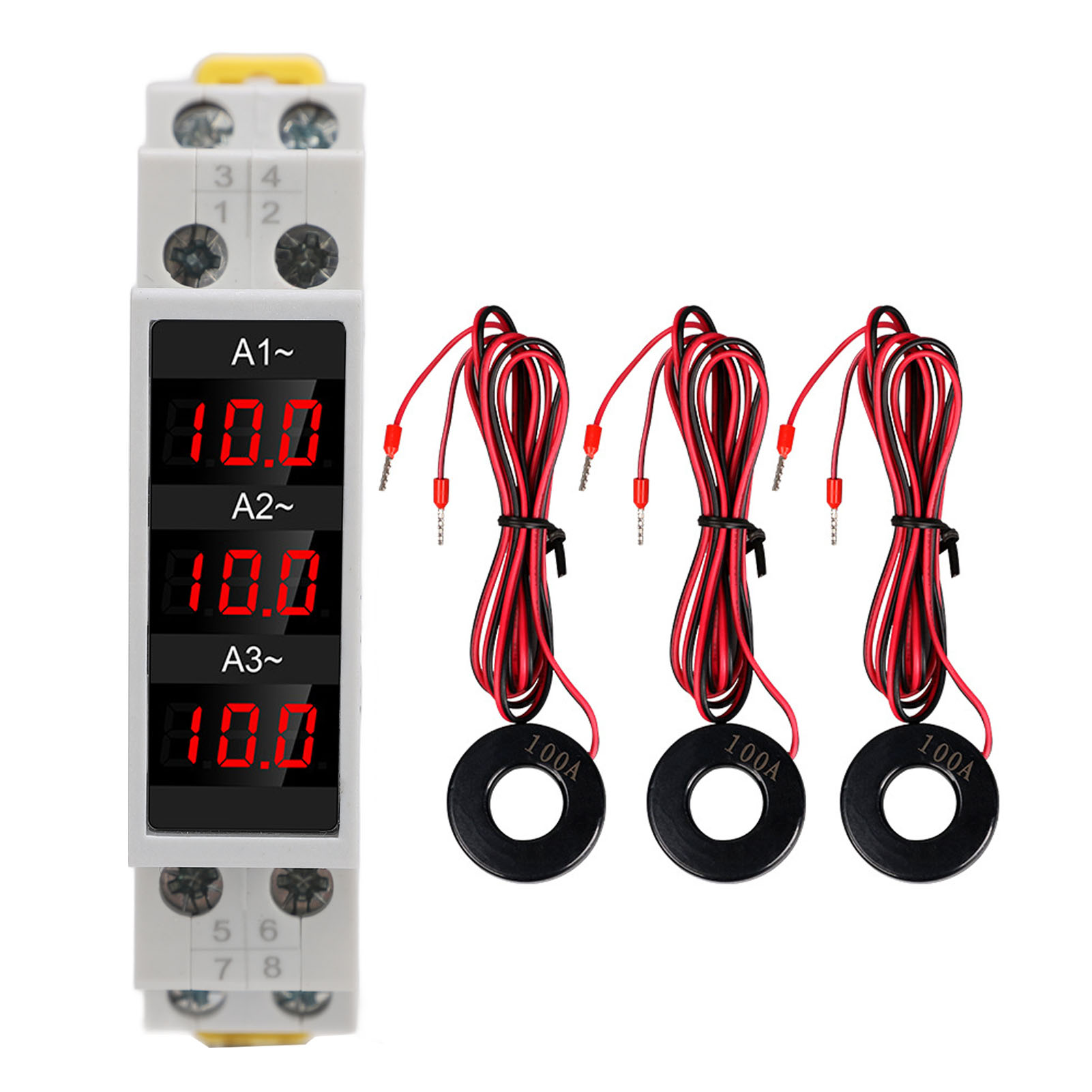 3 Phase DIN Rail Ammeter LED Digital Display High Accuracy Amp Meter with 3 Sensors AC80-500V 1-100A Din Rail Mount. 