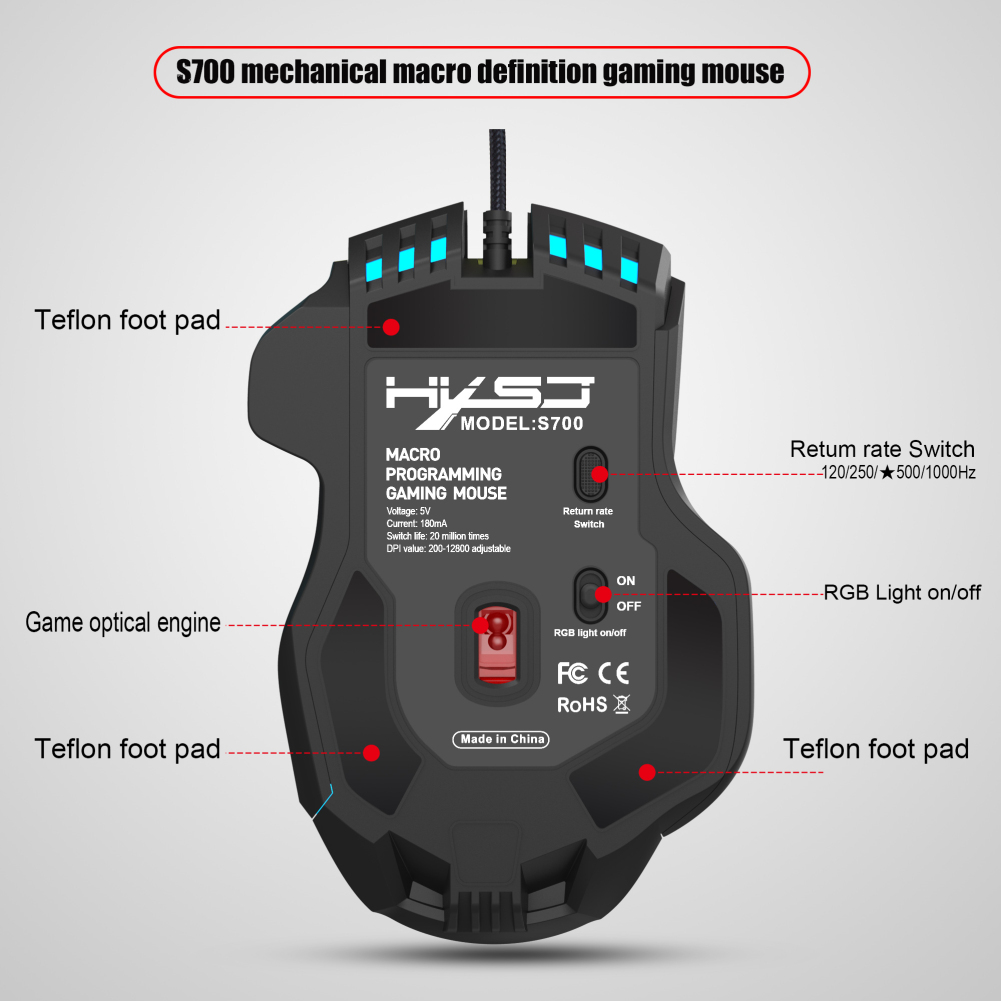 1 pair 10-key Wired Mouse Macro Programming 13 RGB Lighting Modes 6-speed 12800dpi Gaming Mouse with Portability. 