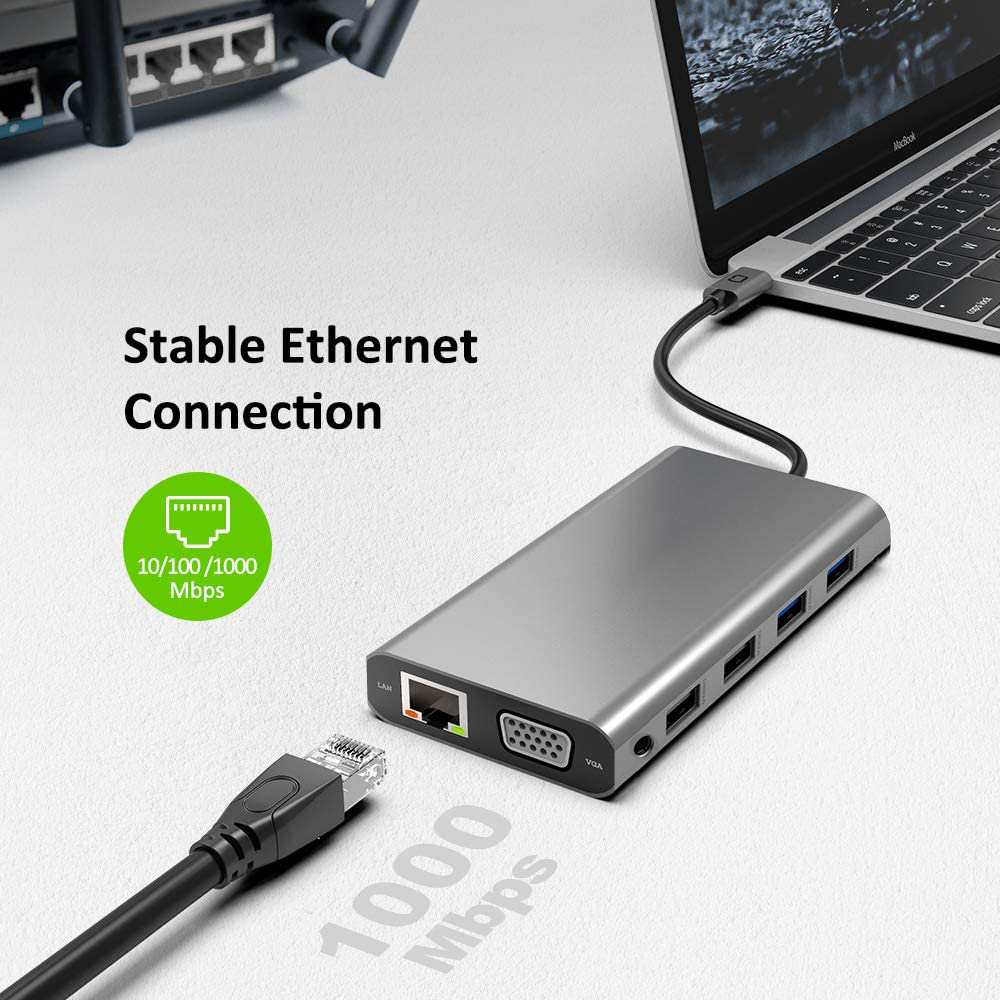 Triple Display USB C Hub Dual Monitor Adapter Laptop Hub USB C to 2 HDMI 4K+VGA+Ethernet+100W PD+4USB+Audio for MacBook Pro OTG. 