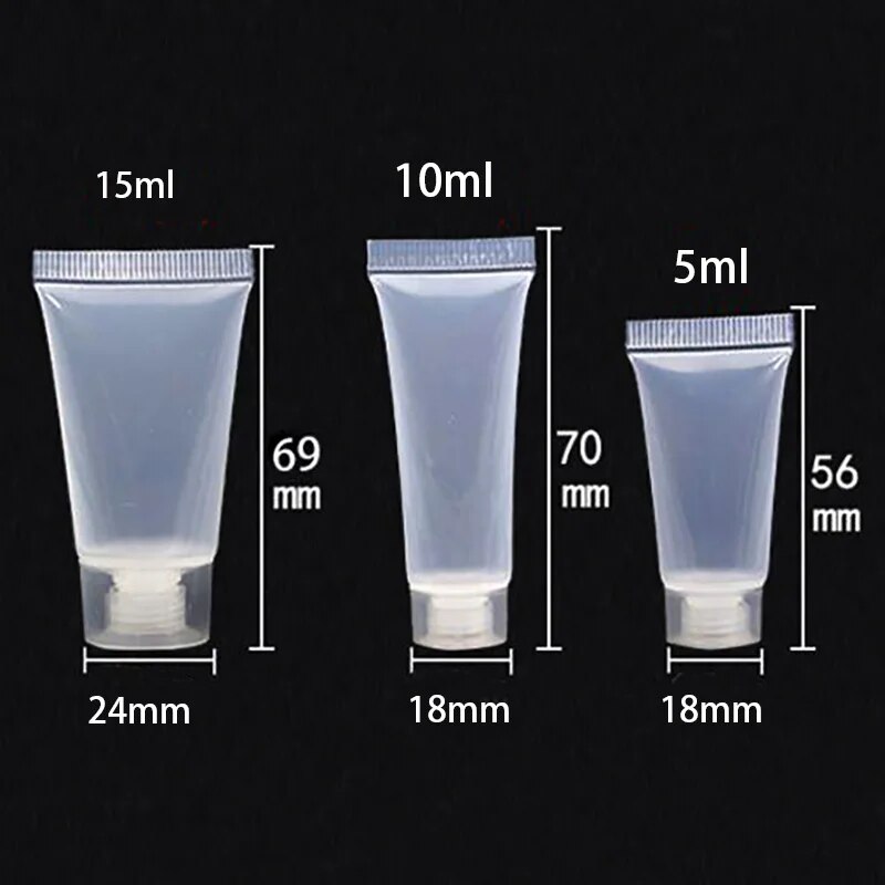 50pcs/lot 5ml 10ml 15ml translucent Plastic Soft Tube Empty Cosmetic Lotion Tube Squeeze Cream Container swivel lid with syringe. 