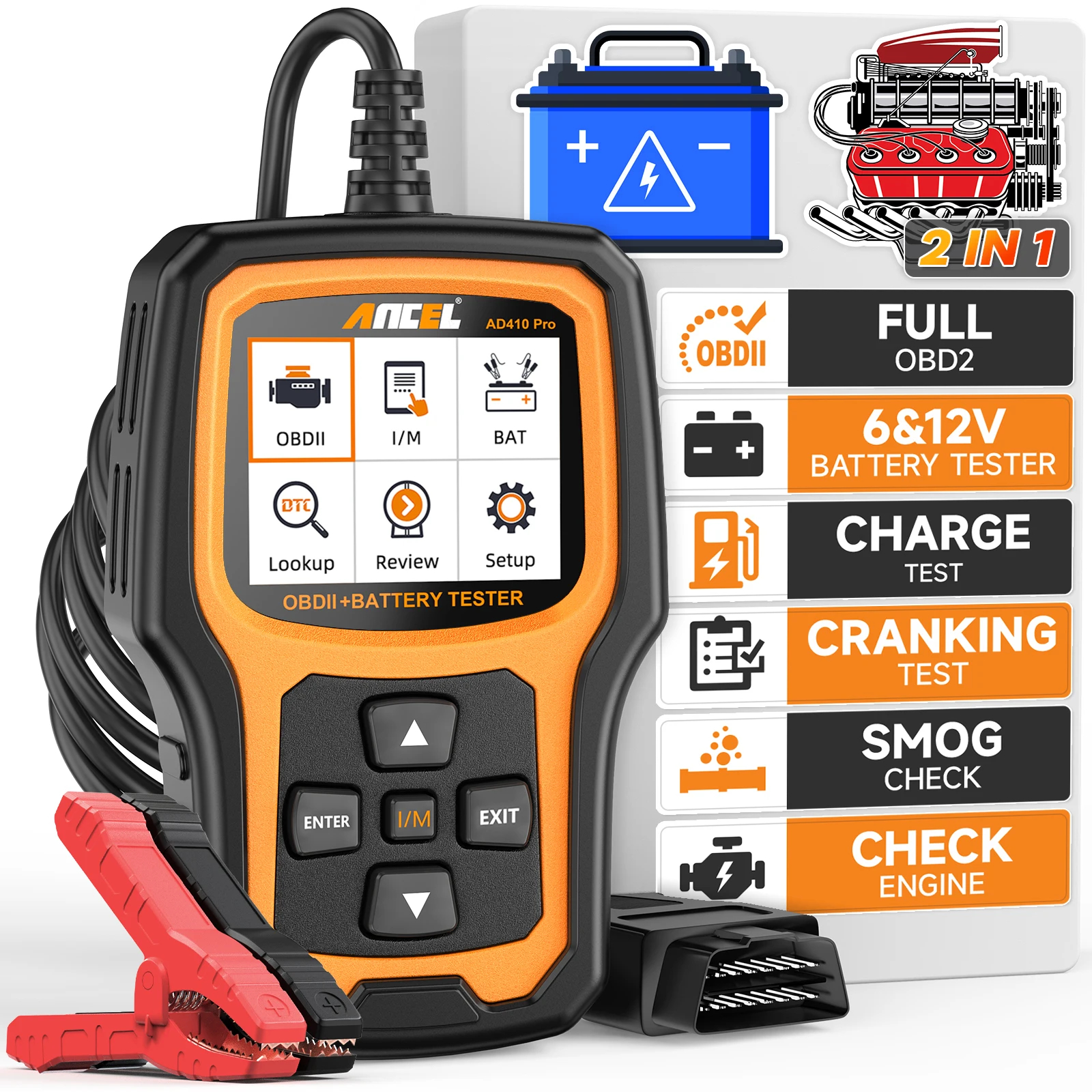 ANCEL AD410 PRO Code Reader + Battery Test Check Engine With Full OBD2 Function Car Diagnostic Tools. 