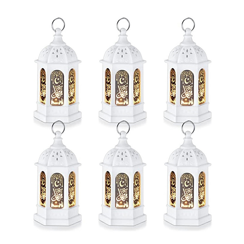 6PCS LED Eid Mubarak Lantern Moon Star Lights Moroccan Style Hanging Lantern White