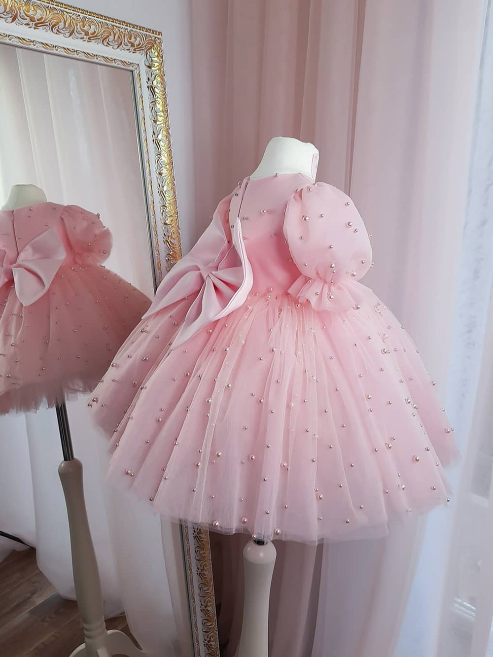 Puffy Pink Flower Girl Dress Pearl Sleeves Princess Dress Girl Brithday  Party Dress Girl Dress Baby Girl Dress Frist communion | Daraz.com.bd