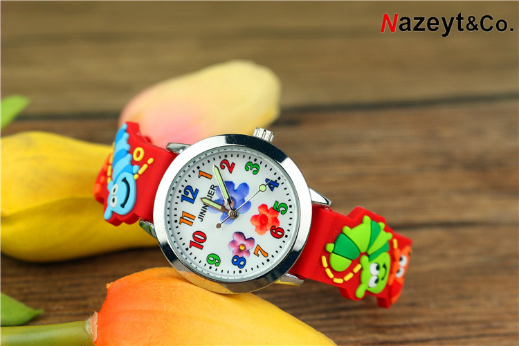 Children's Simplicity Flower Luminous Pointer Quartz Watch 3D Bug Pattern Strap Silicone Watch. 