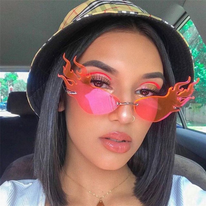 Luxury Fashion Fire Flame Sunglasses Women Rimless Wave Sun Glasses Metal Shades For Vintage Women Mirror Eyewear UV400. 