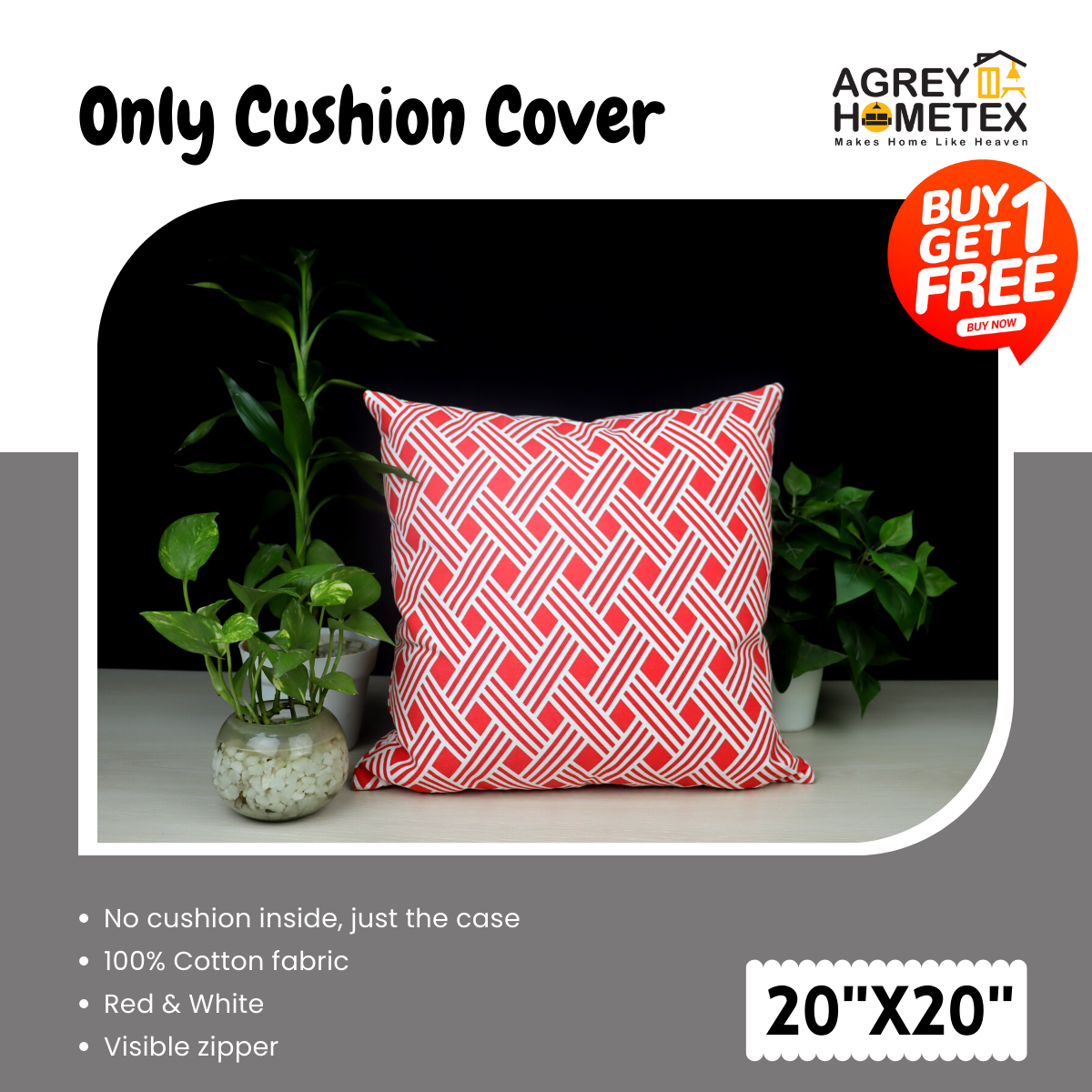Cushion Cover, Red & White (20"x20") Only Cover