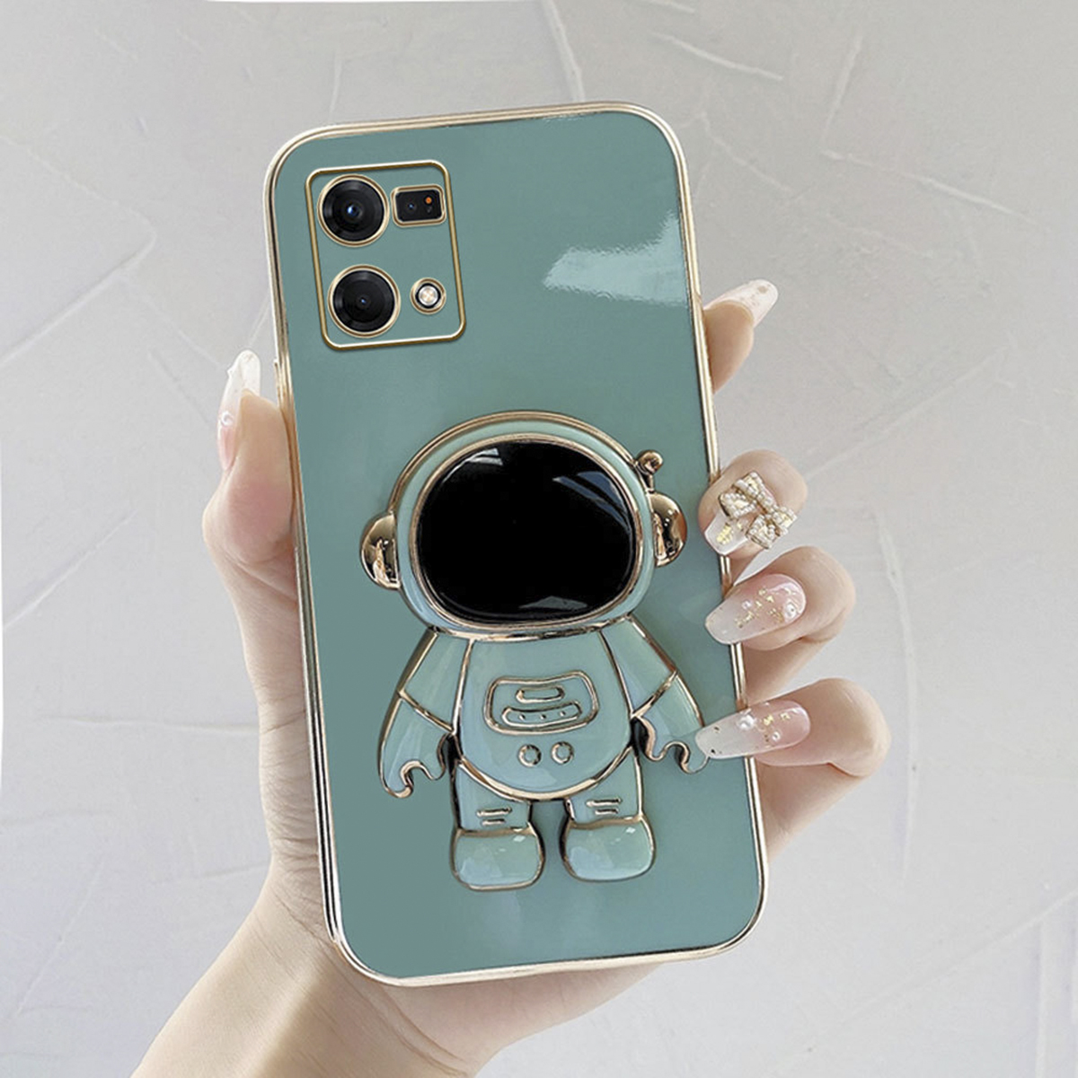 Hontinga for OPPO F21 Pro 4G/Reno7 4G Back Cover With Cartoon Astronaut Folding Bracket Cases Luxury 6D Plating Soft Silicone Phone Cases