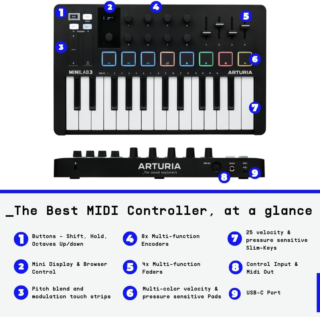 Arturia - MiniLab 3 - Universal MIDI controller for music production with all-in-one software package - 25 keys, 8 multicolor pads - black. 