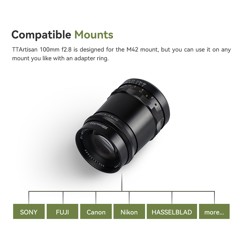 TTArtisan 100mm F2.8 Full Frame Lens M42 Mount Adapter Ring to Sony E A Nikon Z F Canon EF RF EF-M Leica L M42 Fuji XF Pentax KA. 