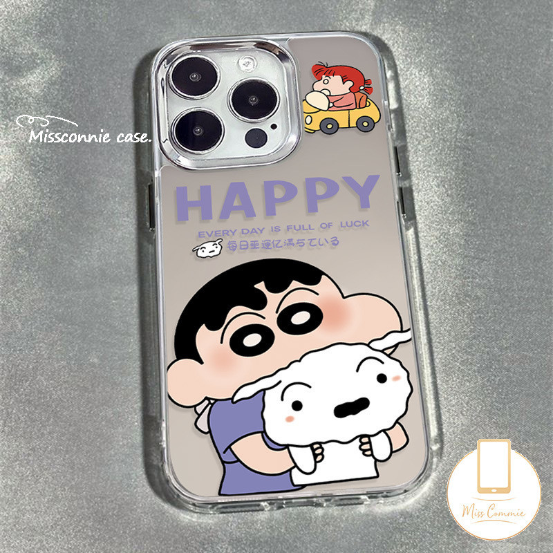 Funny Crayon Shin-chan Case Compatible for IPhone 11 15 13 12 14 Pro Max 7Plus 15 7 6 8 6S Plus 8Plus XS XR X Max SE 2020 Cartoon Cute Couples Luxury Plating Metal Lens Case