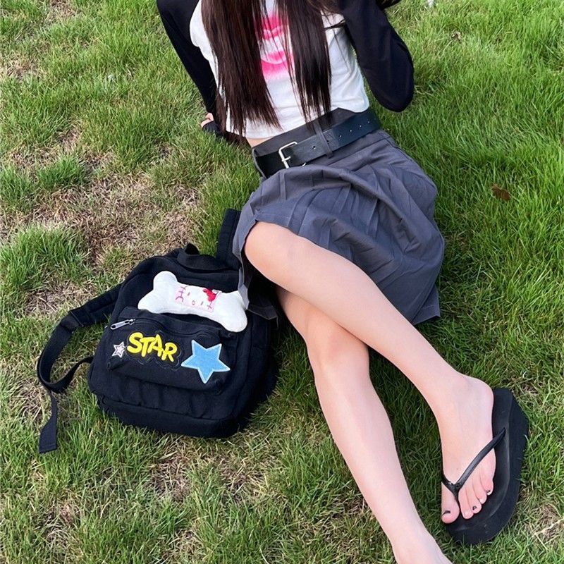 New Cute Bone Black Backpack Letter Design Niche Cartoon Animation Zipper Backpack. 