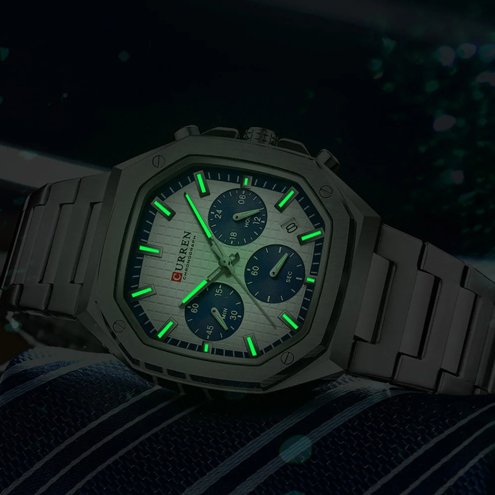 CURREN 8459 Men's Stainless Steel Quartz Watch Luxury Fashionable Casual  Wristwatch For Men- Silver & Blue