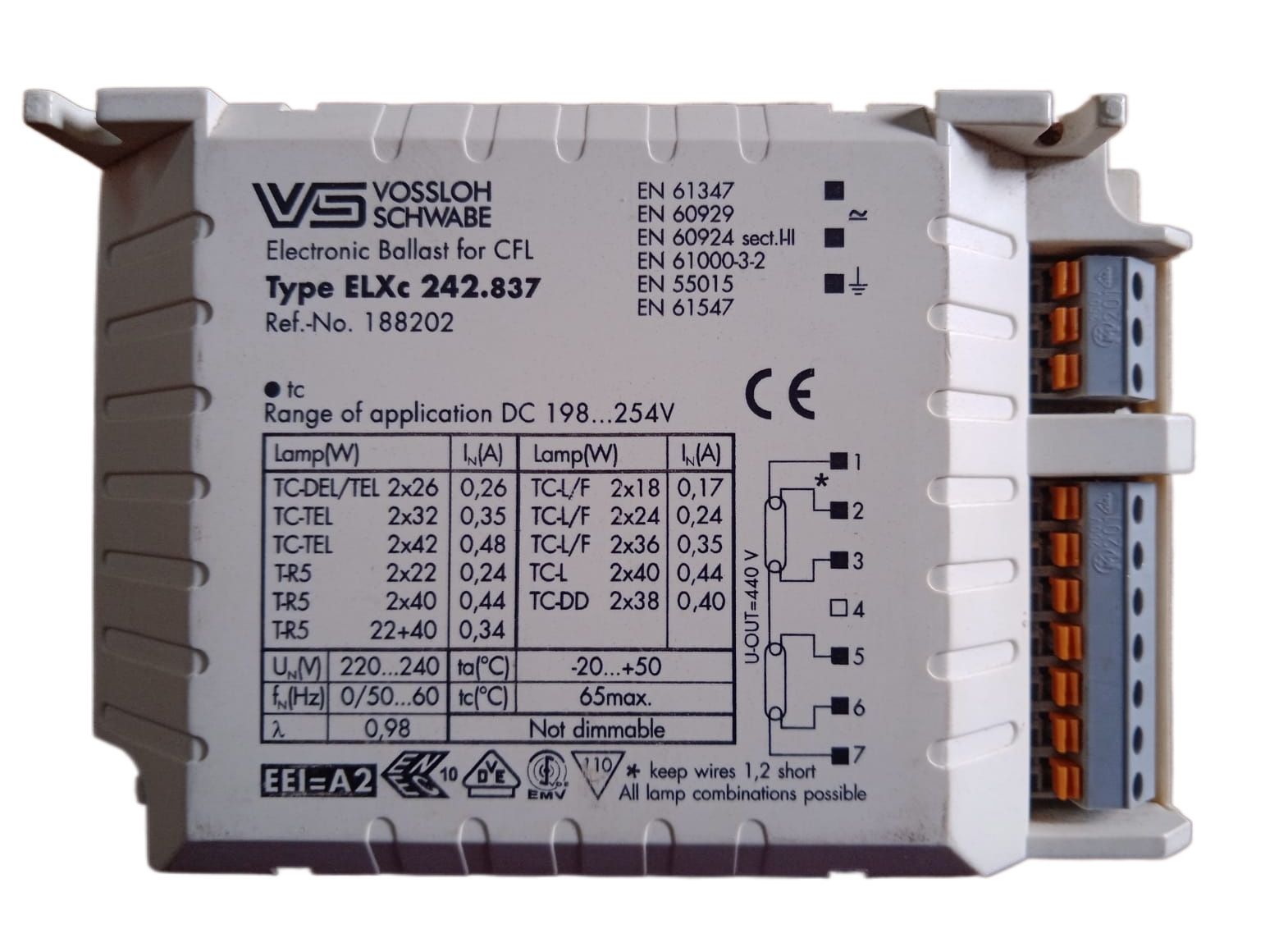VS 2X26-40W Electronic Ballast for CFL Ref.No. 188202 220V AC 50Hz, Germany