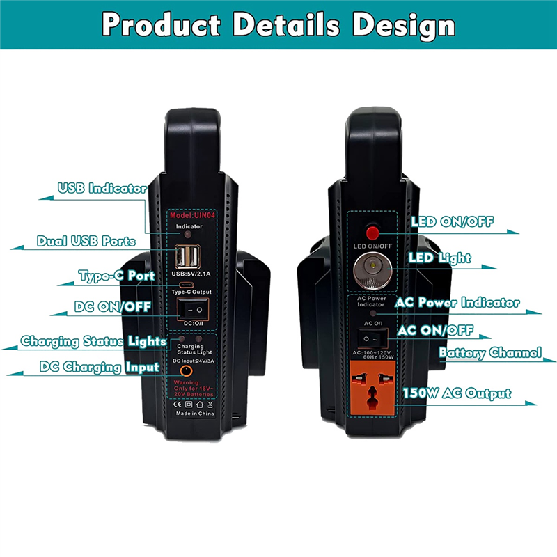 150W Portable Power Supply Inverter Part Component for 18V Lithium Battery, 2-Channel Power Generator USB Power Station US Plug. 