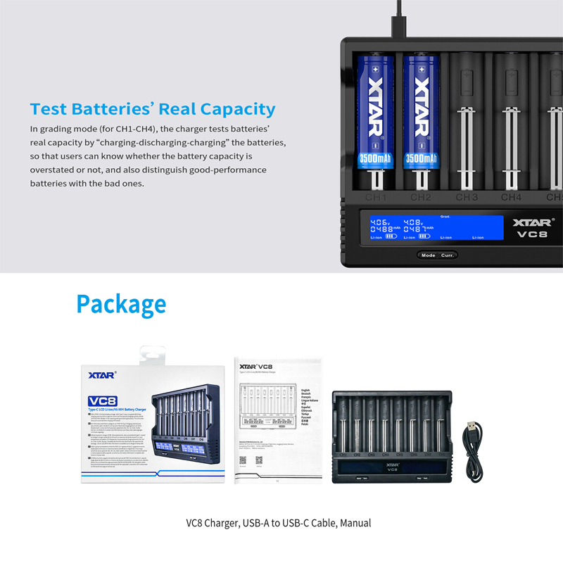 XTAR 18650 Battery Charger VC8=VC4+VC4SL QC3.0 Type C Fast Charger Charging LCD Display Carregador For 21700 20700 18650 Battery. 