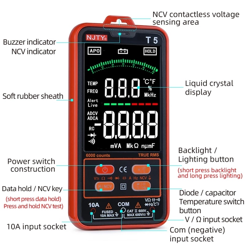 Digital Multimeter 9999 T-RMS 3.5"LCD Color Display DC Voltage Capacitance Ohm Diode multimetro NCV Hz Live wire Tester. 