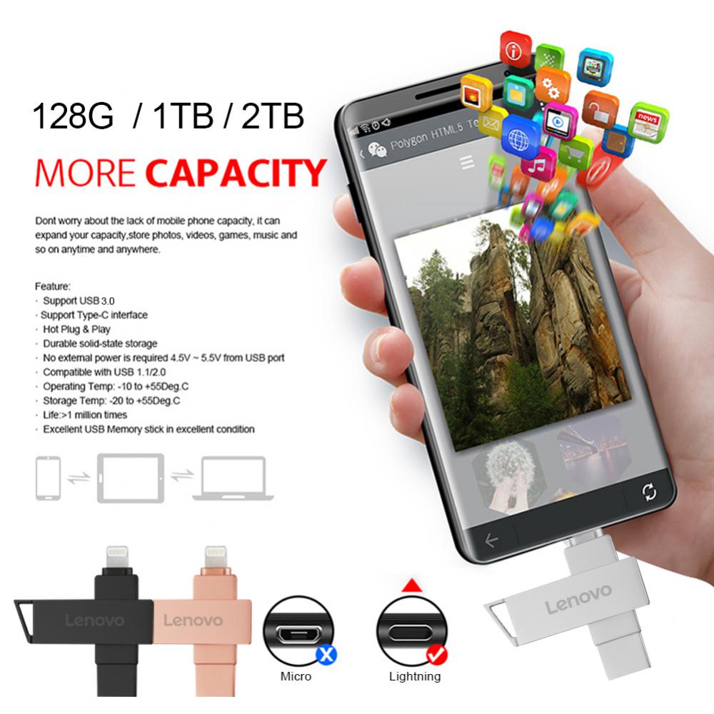Lenovo USB Flash Drive Rotatable 3 IN 1 USB 3.0 Lightning TYPE-C Interface Pen Drive 2TB Usb Memory Cle Usb For IphonePC Ps4 Ps5. 