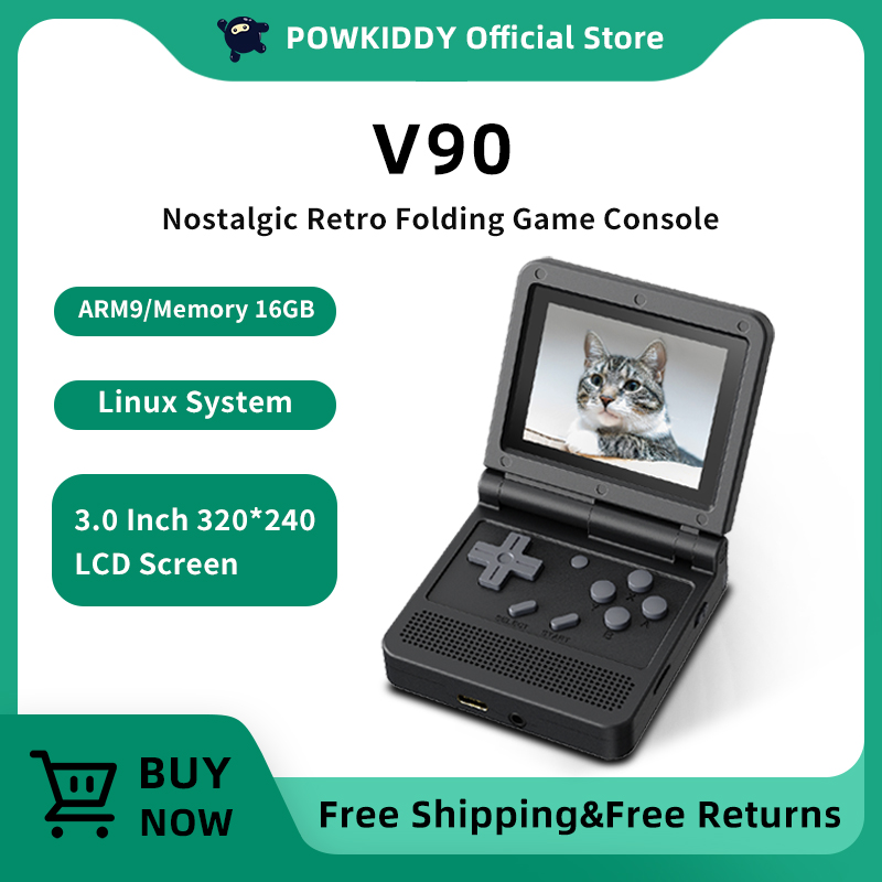 POWKIDDY v90 Black Version 3-Inch IPS Screen Flip Handheld Console Open System Game Console 16 s PS1 Children's gifts