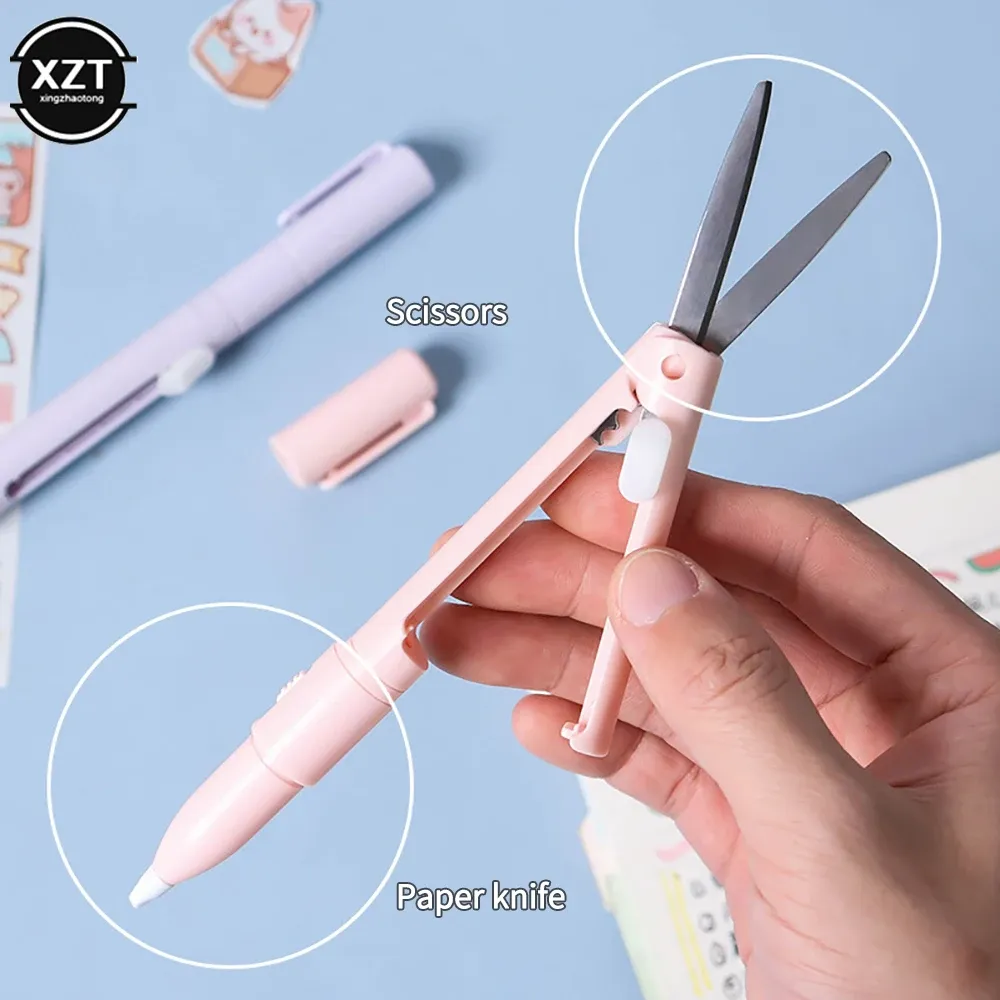2-in-1 Mini Folding Scissors Pen Paper Cutter Portable Utility Stationary Tools for Paper Work Daily Student School Anti-cutter. 