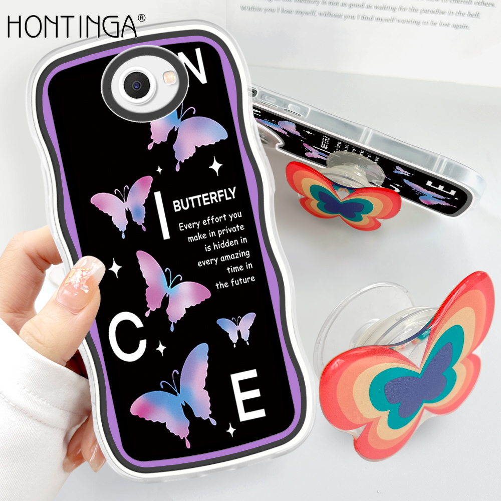 Hontinga for Samsung Galaxy J7 Prime Back Cover + Free Holder Beautiful Butterfly Soft Wavy Case Camera Protection Transparent TPU Mobile Cover