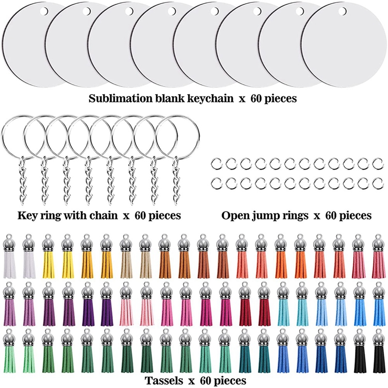 ZOROOM 240 Pieces Sublimation Blanks Keychain Set Round Key Rings Sublimation Ornament Blanks Heat Transfer Keychain Tassels. 