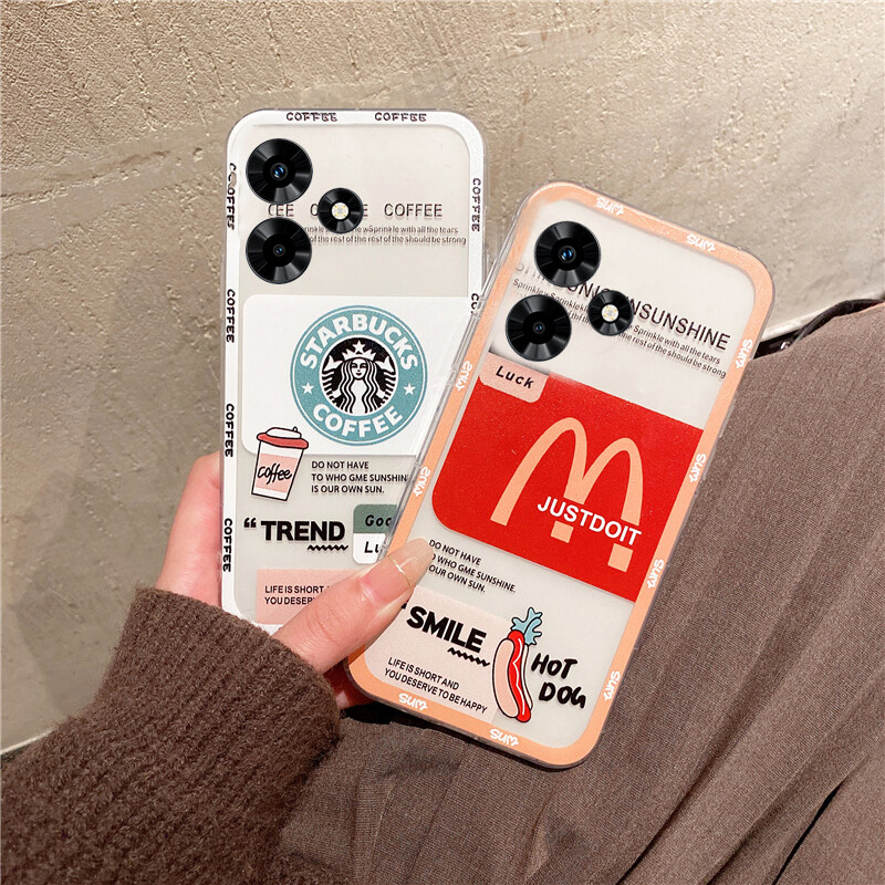 For Tecno Spark 20 Pro Case Cartoon Hamburger Coffee Pattern TPU Soft Fashion Shockproof Transparent For Tecno Spark 20 / Spark 20C Back Cover