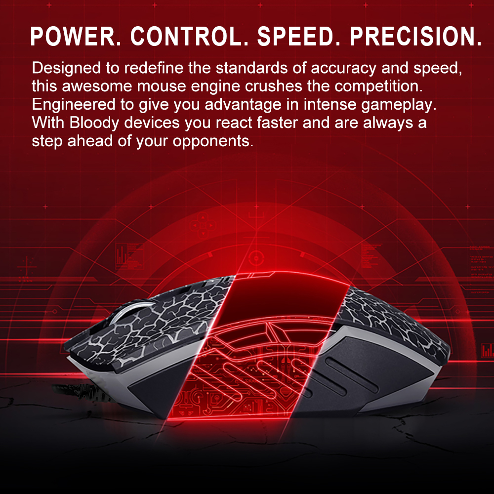 A4TECH Bloody A70 Light Strike Gaming Mousee - Neon Backlit - 6200 CPI - Built-In 160K Memory - Ambidextrous Fit (Pre Activated Ultra Core 3 & 4). 